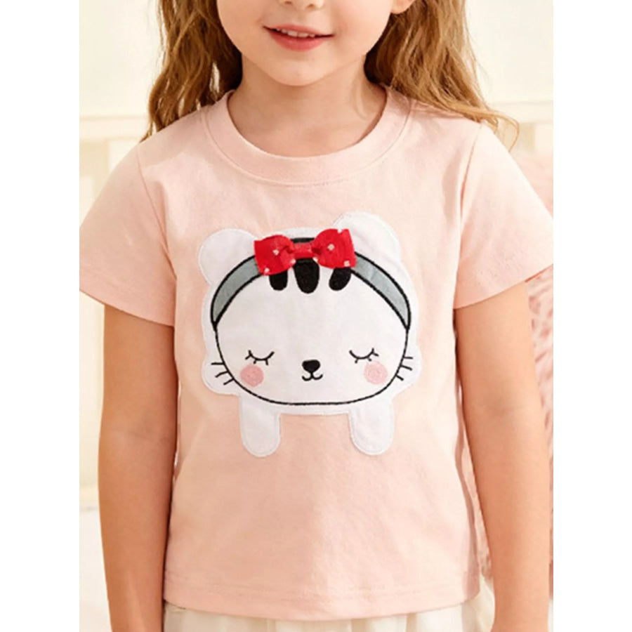 Children’s Cartoon Cat Short Sleeve T-Shirt Skin Color / 2T Apparel and Accessories