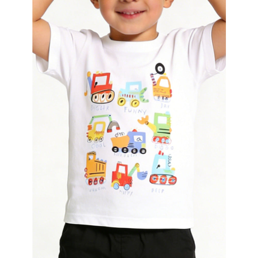 Children’s Cartoon Construction Vehicle Crew Neck T-Shirt White / 2-3Y Apparel and Accessories