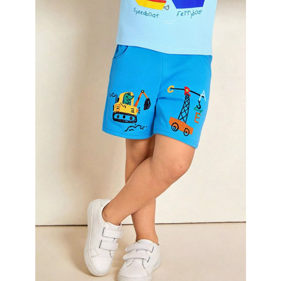 Children’s Cartoon Construction Vehicle Embroidered Casual Shorts Sky Blue / 2Y Apparel and Accessories