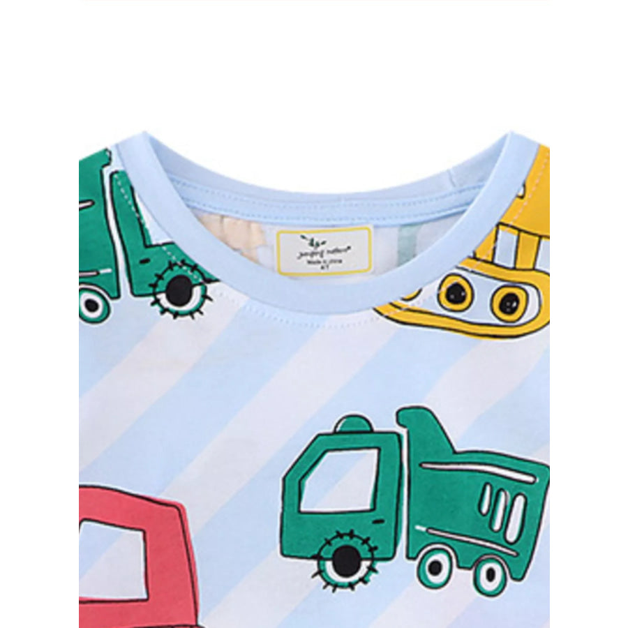 Children’s Cartoon Construction Vehicle Print Crew Neck Short Sleeve T-Shirt Apparel and Accessories