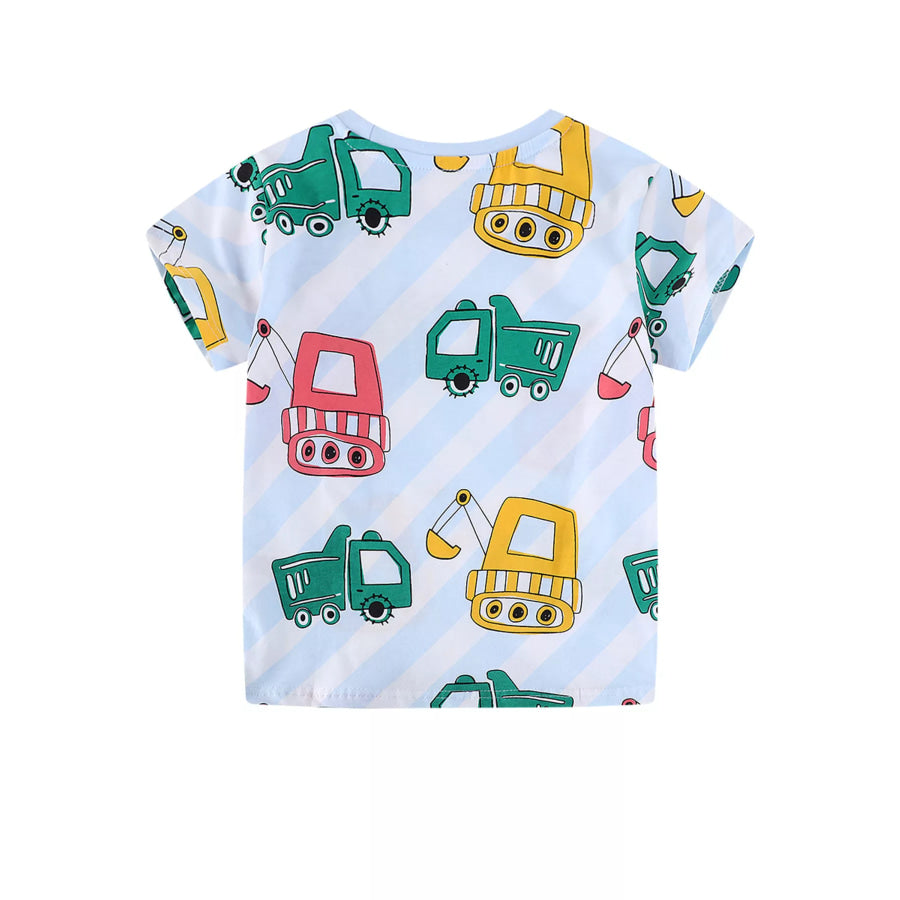Children’s Cartoon Construction Vehicle Print Crew Neck Short Sleeve T-Shirt Apparel and Accessories