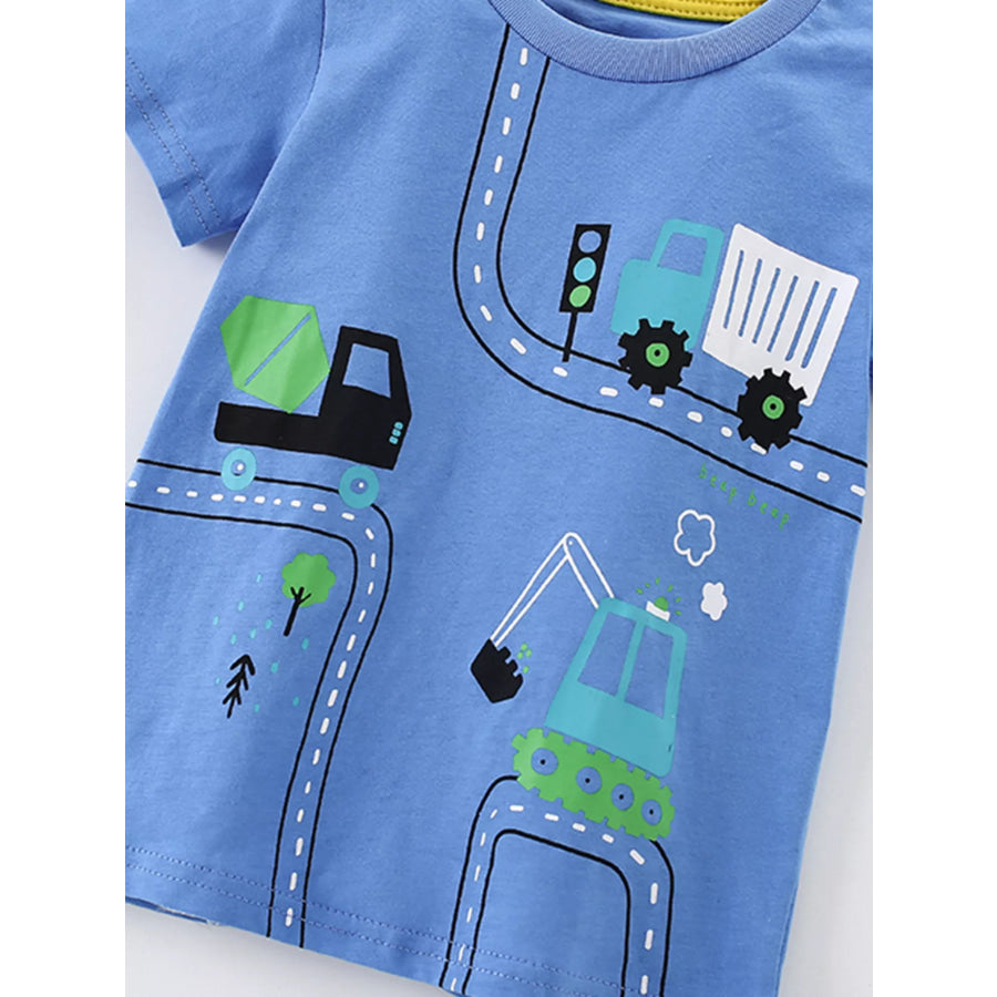 Children’s Cartoon Construction Vehicle Print Short Sleeve T-Shirt Apparel and Accessories