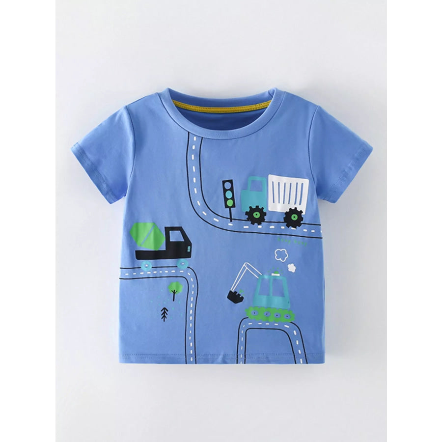 Children’s Cartoon Construction Vehicle Print Short Sleeve T-Shirt Blue / 5T Apparel and Accessories