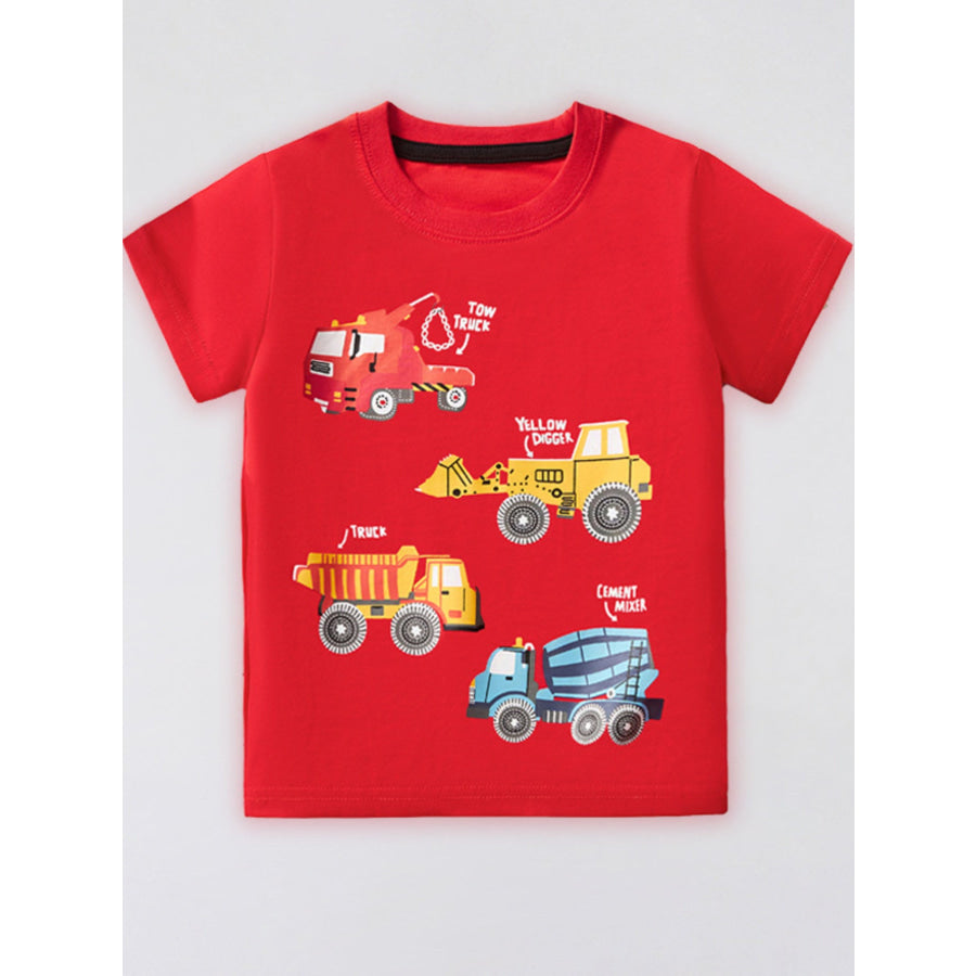 Children’s Cartoon Construction Vehicle Print Short Sleeve T-Shirt Red / 3Y Apparel and Accessories
