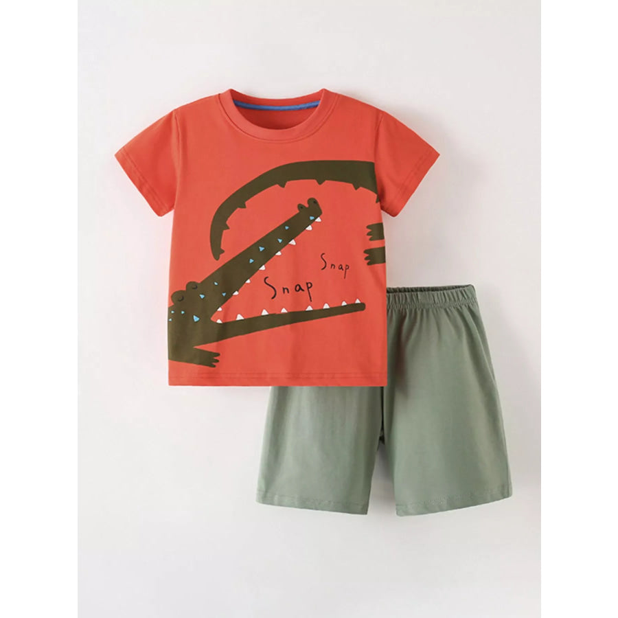 Children’s Cartoon Crocodile Graphic Tee and Shorts Set Coral / 5Y Apparel and Accessories