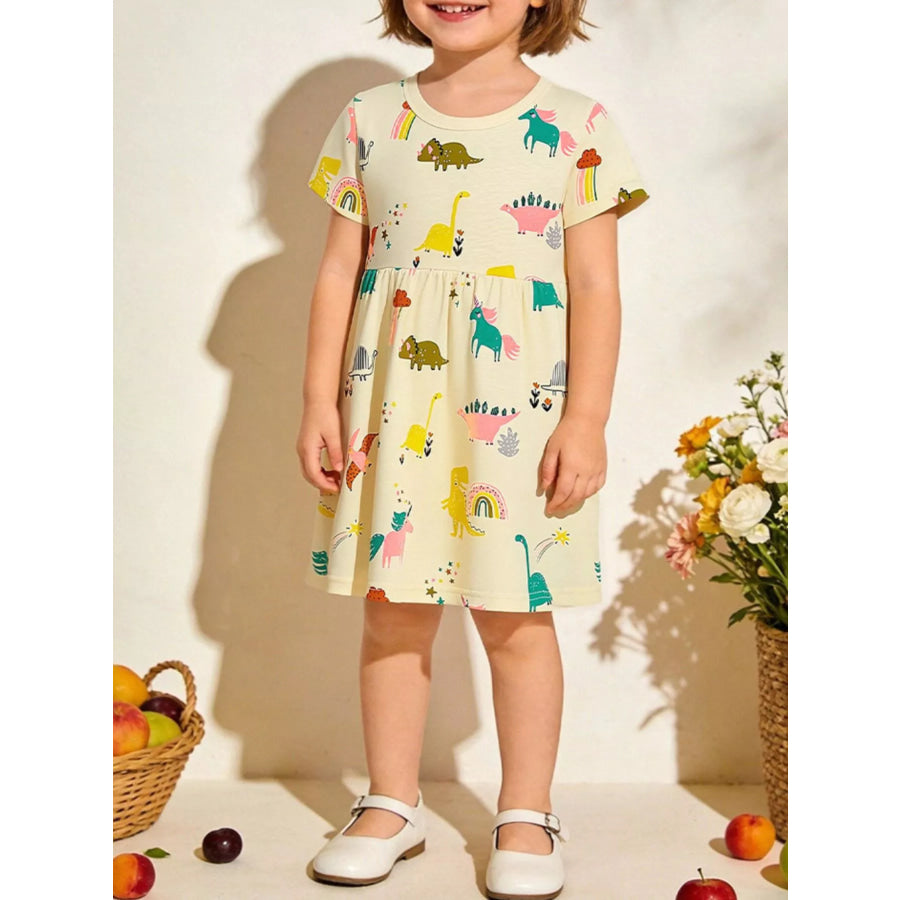 Children’s Cartoon Dinosaur Print Casual Dress Pastel Yellow / 2Y Apparel and Accessories