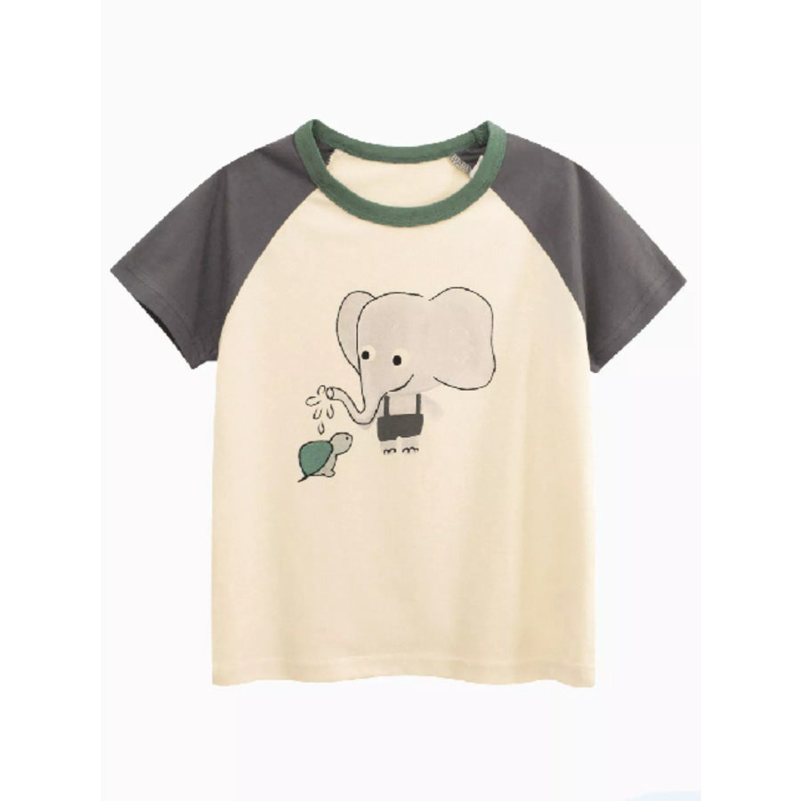 Children’s Cartoon Elephant Round Neck T-Shirt Apricot / 2T Apparel and Accessories