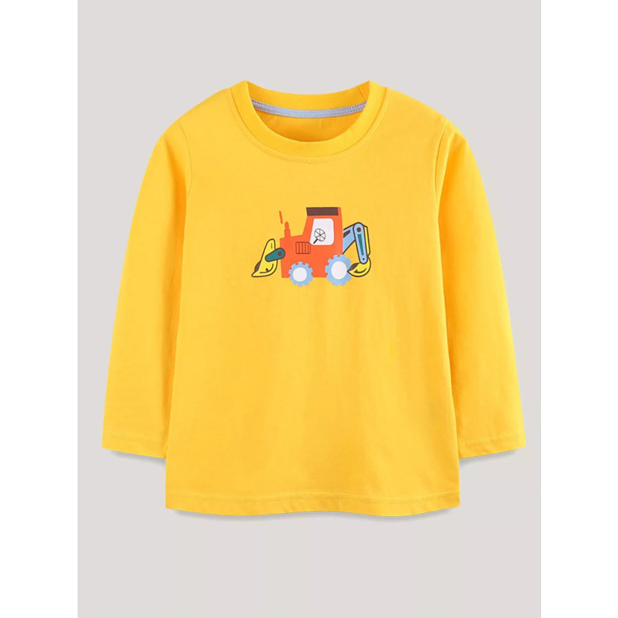 Children’s Cartoon Excavator Long Sleeve T-Shirt Yellow / 2Y Apparel and Accessories