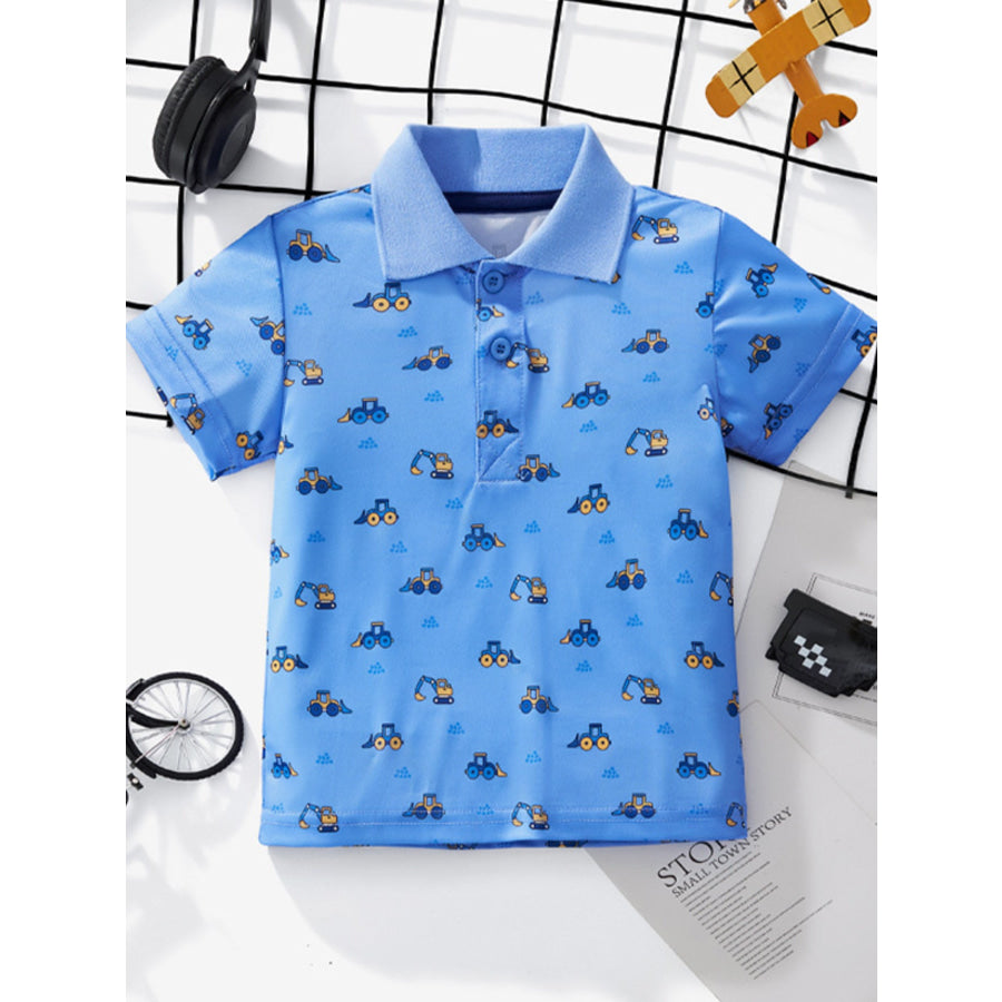 Children’s Cartoon Excavator Print Short Sleeve Polo T-Shirt Royal Blue / 3Y Apparel and Accessories