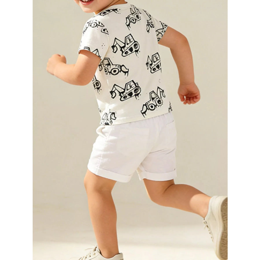 Children’s Cartoon Excavator Print Short Sleeve T-Shirt Apparel and Accessories