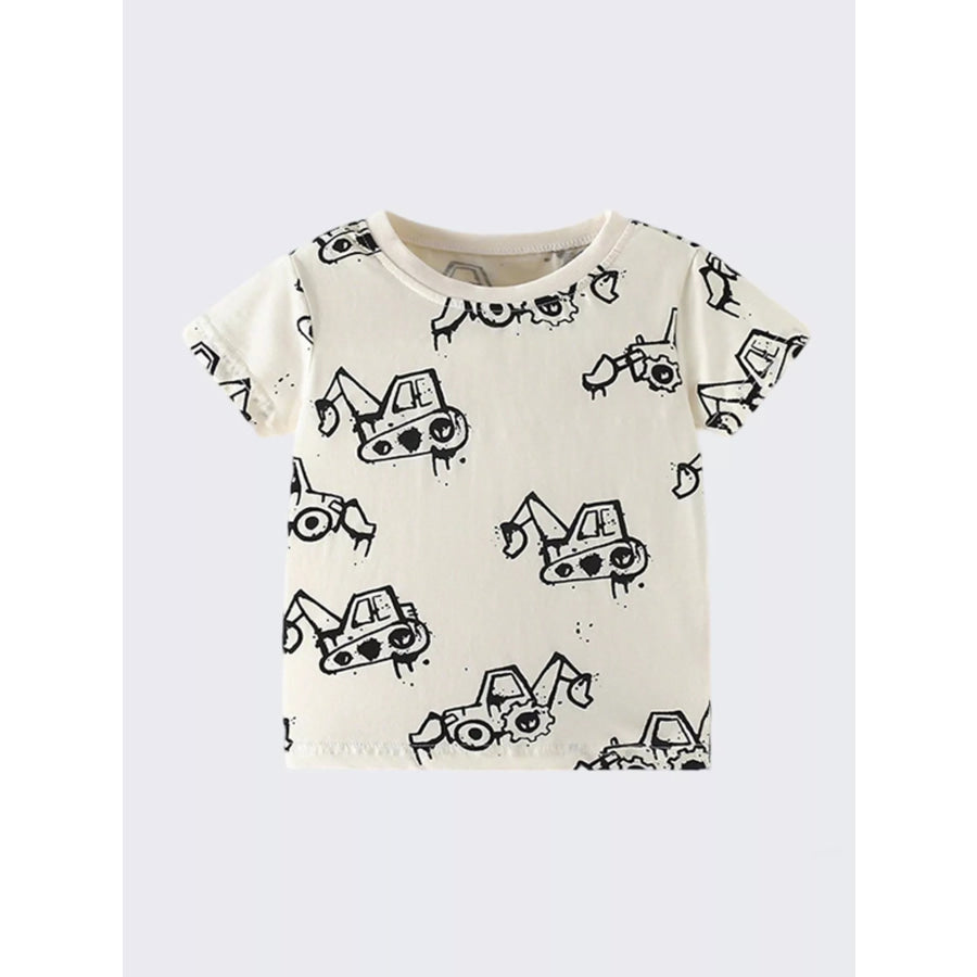 Children’s Cartoon Excavator Print Short Sleeve T-Shirt Apparel and Accessories