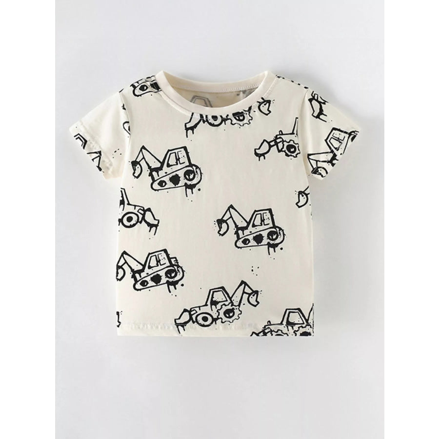 Children’s Cartoon Excavator Print Short Sleeve T-Shirt Ivory / 6Y Apparel and Accessories