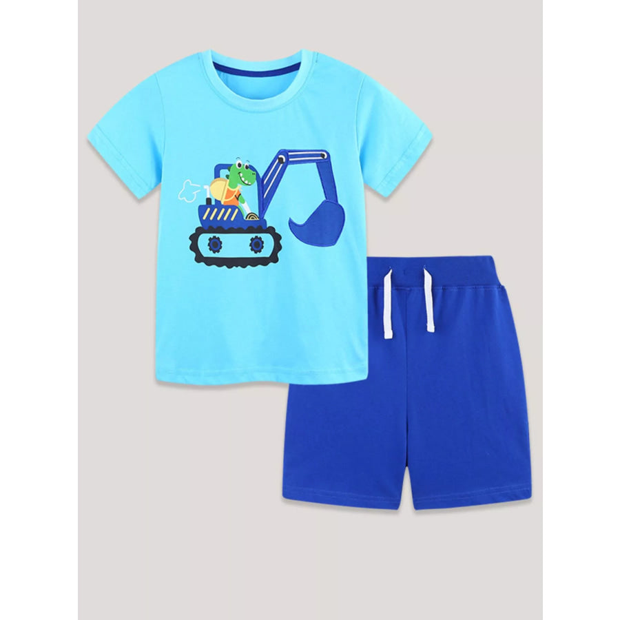 Children’s Cartoon Excavator Print Tee and Shorts Set Pastel Blue / 2Y Apparel and Accessories