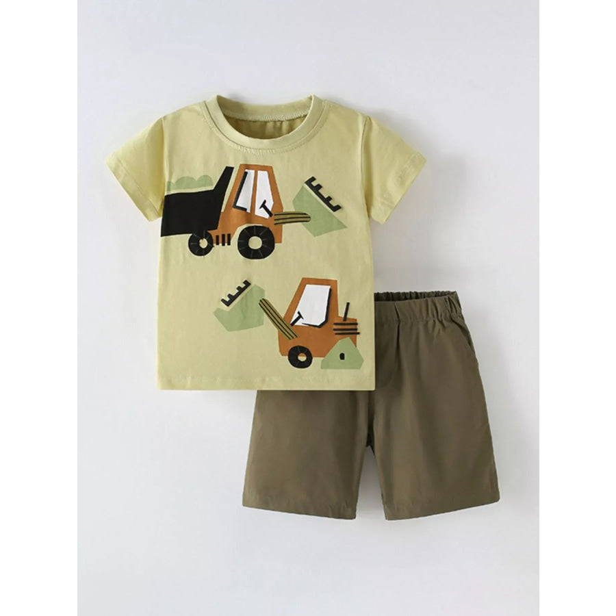 Children’s Cartoon Excavator Round Neck Tee and Shorts Set Yellow-Green / 5T Apparel and Accessories