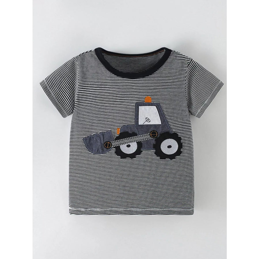 Children’s Cartoon Excavator Striped T-Shirt Dark Gray / 6Y Apparel and Accessories