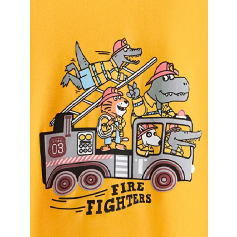 Children’s Cartoon Firefighter Graphic Short Sleeve T-Shirt Apparel and Accessories