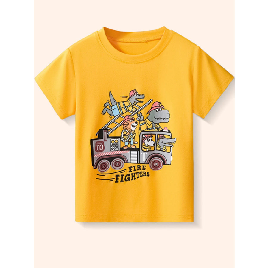 Children’s Cartoon Firefighter Graphic Short Sleeve T-Shirt Gold / 2-3Y Apparel and Accessories