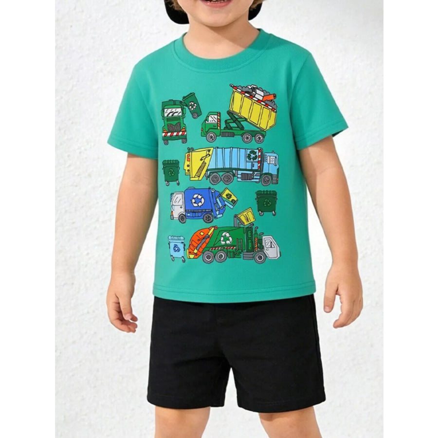 Children’s Cartoon Garbage Truck Graphic Tee Turquoise / 2Y Apparel and Accessories