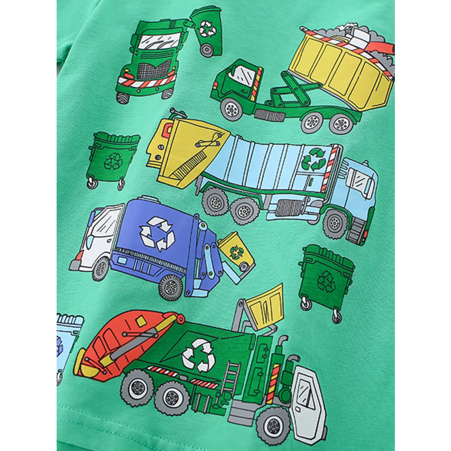 Children’s Cartoon Garbage Truck Print Short Sleeve T-Shirt Apparel and Accessories