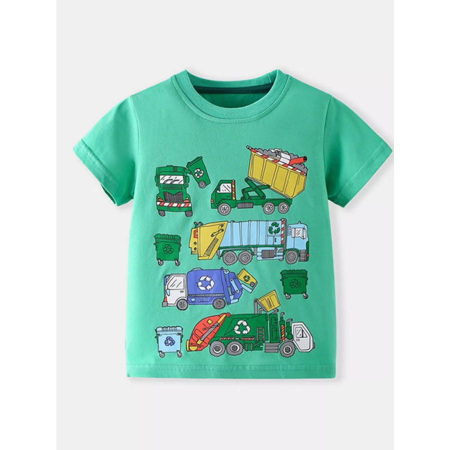 Children’s Cartoon Garbage Truck Print Short Sleeve T-Shirt Green / 2-3Y Apparel and Accessories