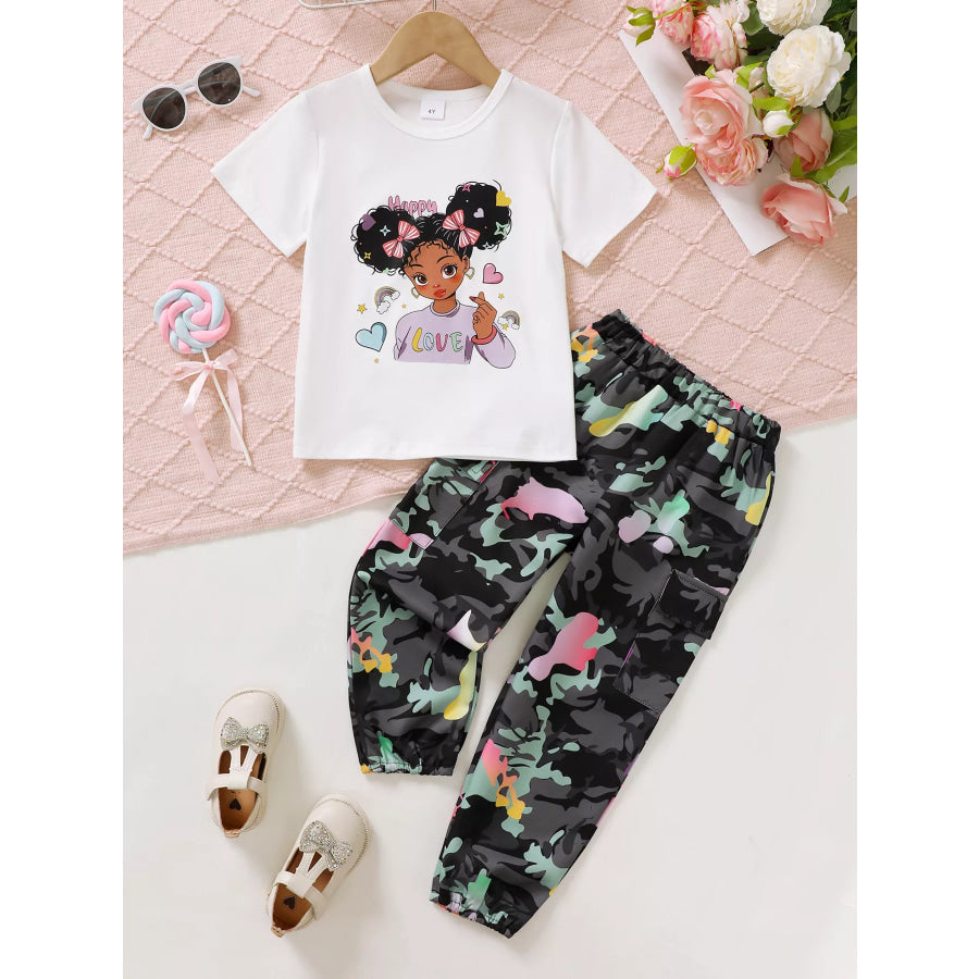 Children’s Cartoon Girl T-Shirt & Camo Pants Set Gray/white / 4Y Apparel and Accessories