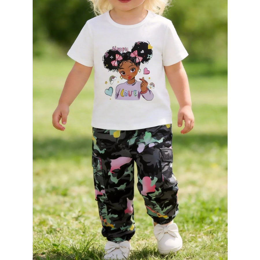 Children’s Cartoon Girl T-Shirt & Camo Pants Set Gray/white / 4Y Apparel and Accessories