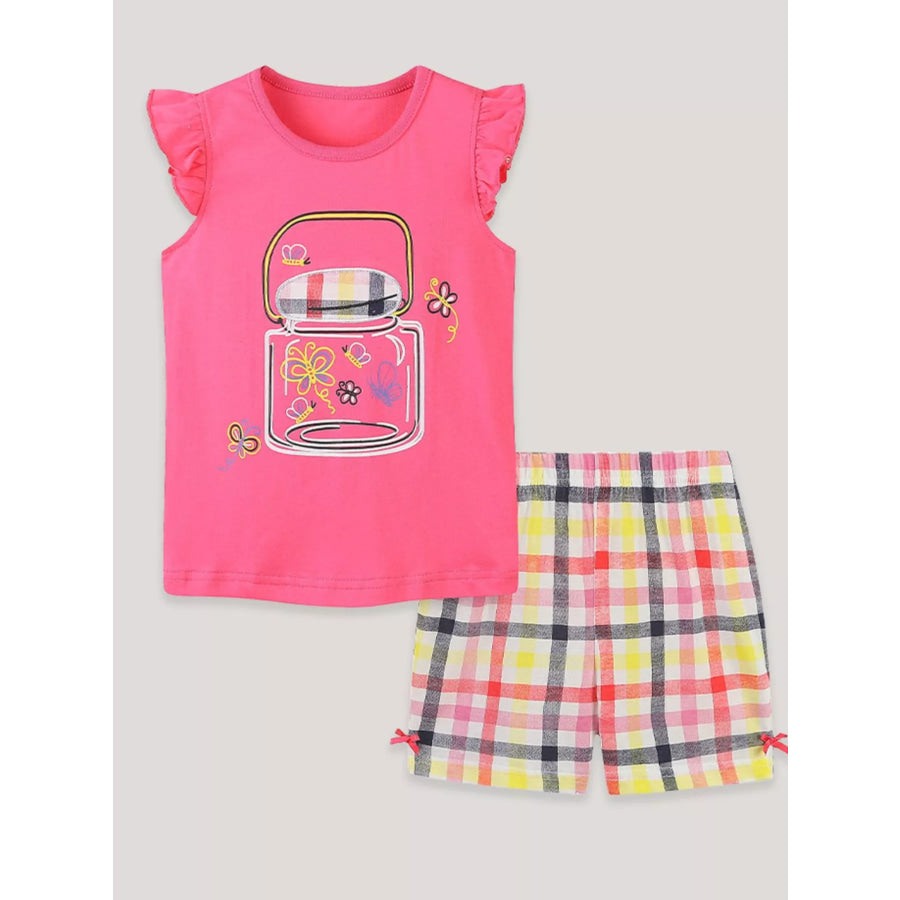 Children’s Cartoon Graphic Ruffle Trim Tee & Plaid Shorts Set Apparel and Accessories