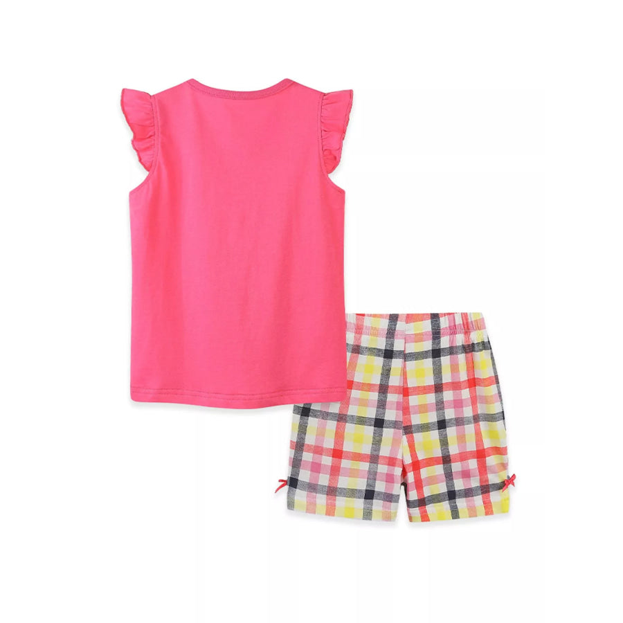 Children’s Cartoon Graphic Ruffle Trim Tee & Plaid Shorts Set Apparel and Accessories