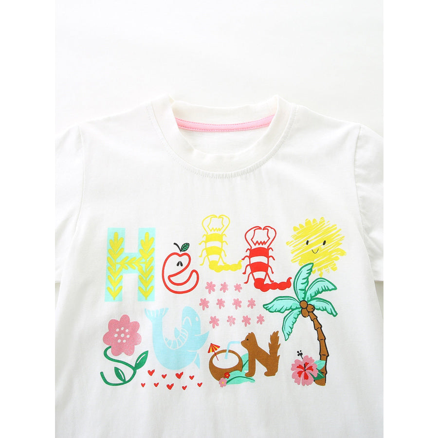 Children’s Cartoon Graphic Ruffle Trim Tee & Plaid Shorts Set Apparel and Accessories