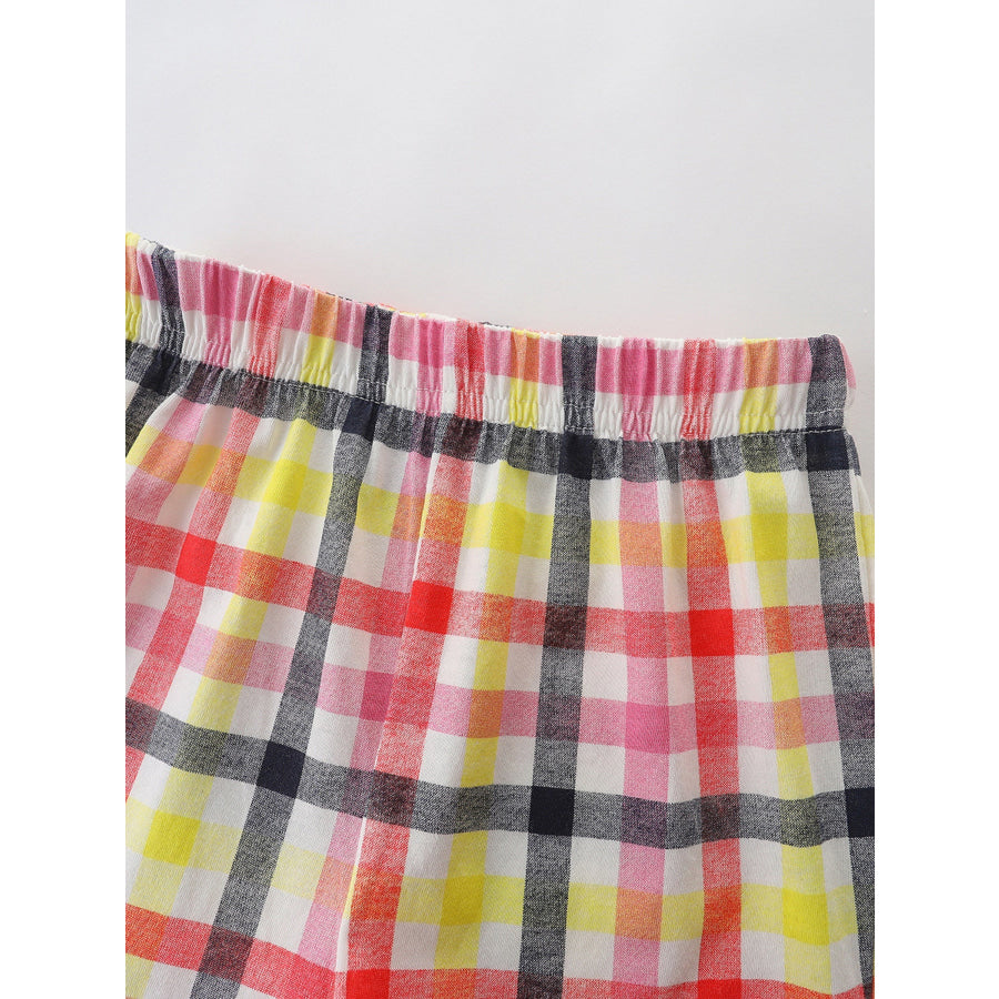 Children’s Cartoon Graphic Ruffle Trim Tee & Plaid Shorts Set Apparel and Accessories