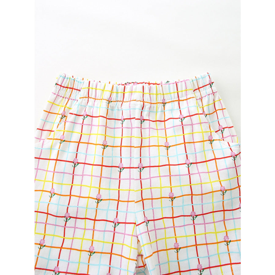 Children’s Cartoon Graphic Ruffle Trim Tee & Plaid Shorts Set Apparel and Accessories