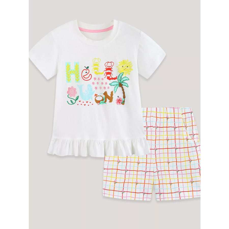 Children’s Cartoon Graphic Ruffle Trim Tee & Plaid Shorts Set Apparel and Accessories