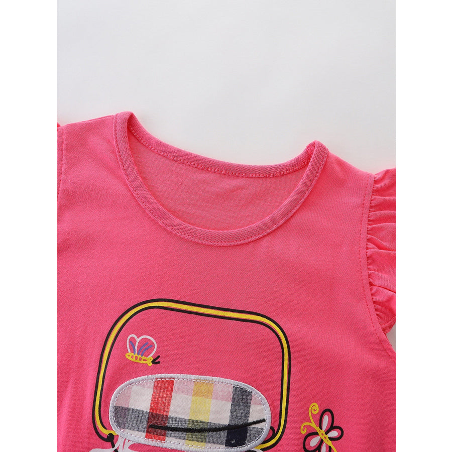 Children’s Cartoon Graphic Ruffle Trim Tee & Plaid Shorts Set Apparel and Accessories
