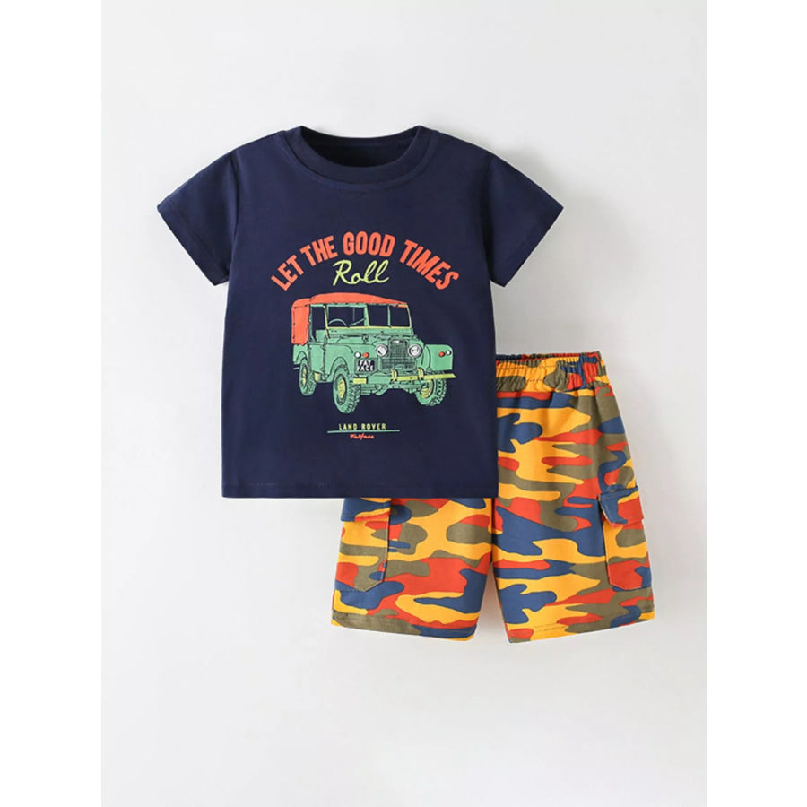 Children’s Cartoon Graphic Tee & Camo Shorts Set Dark Navy / 3Y Apparel and Accessories