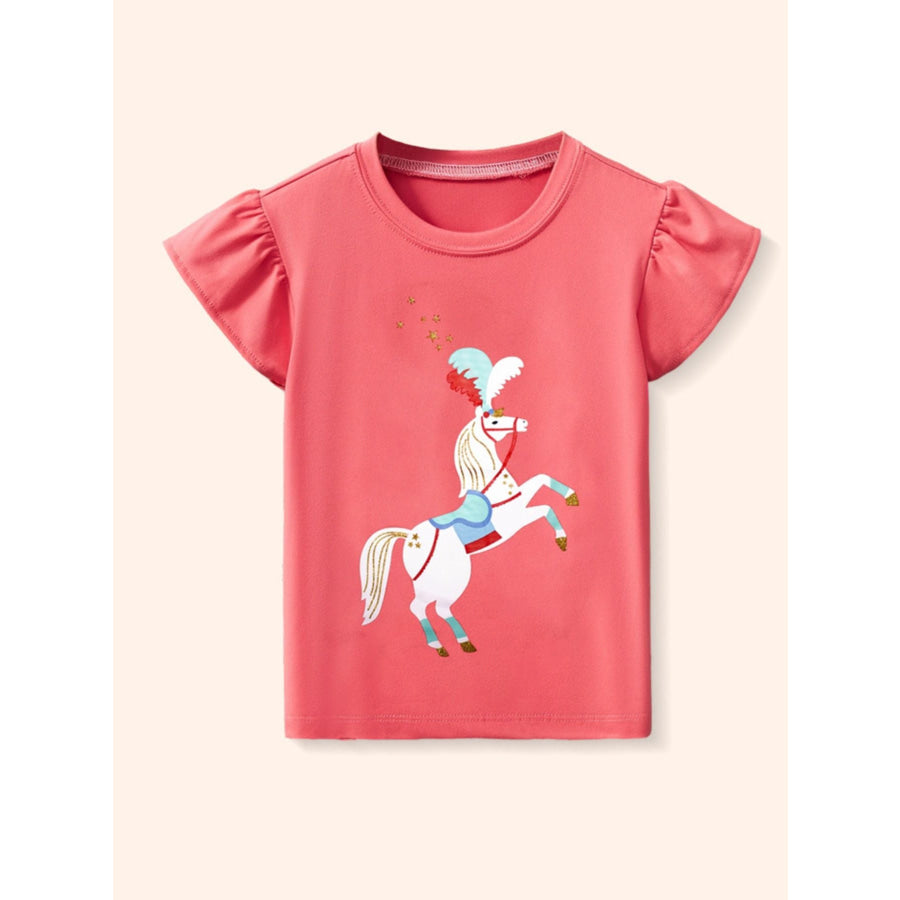 Children’s Cartoon Horse Graphic Ruffle Sleeve T-Shirt Coral / 2-3Y Apparel and Accessories