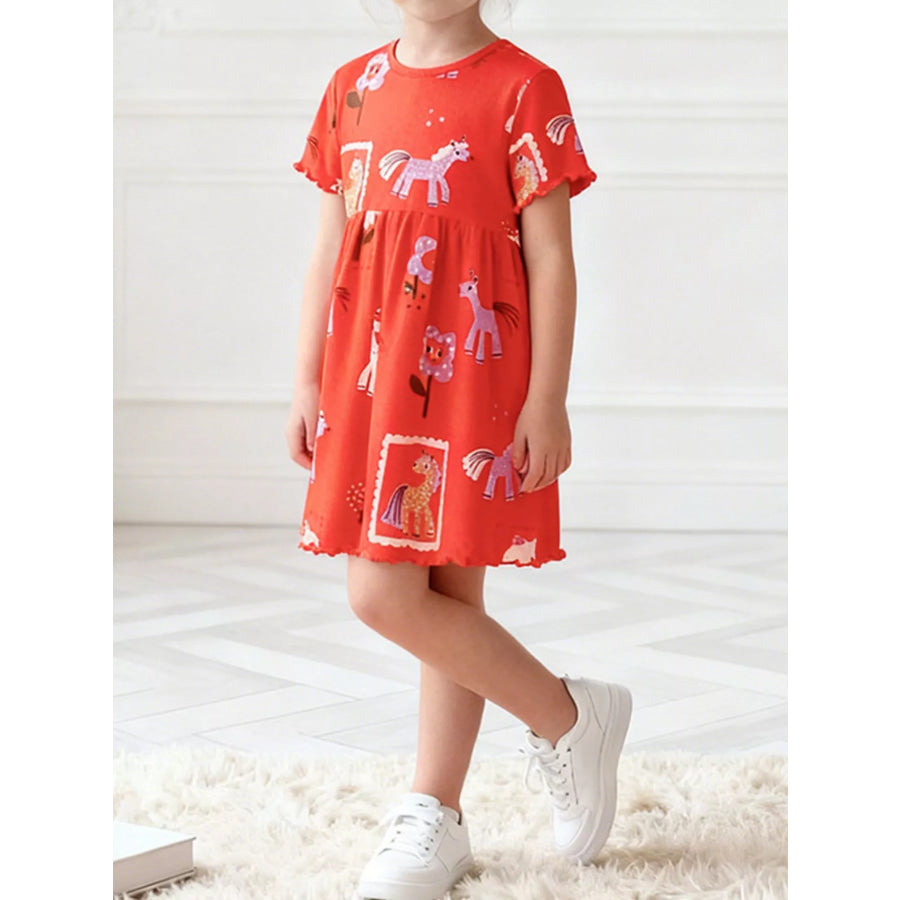 Children’s Cartoon Horse Print Casual Dress Red / 3T Apparel and Accessories