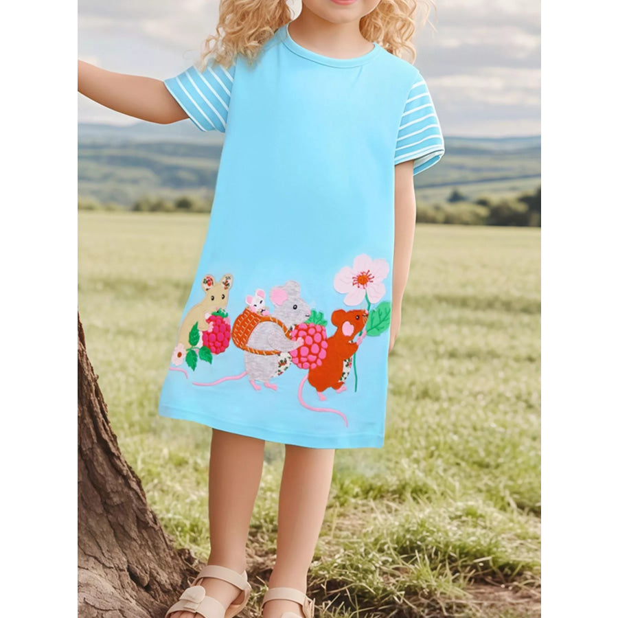 Children’s Cartoon Mouse Embroidered Casual Dress Pastel Blue / 2Y Apparel and Accessories