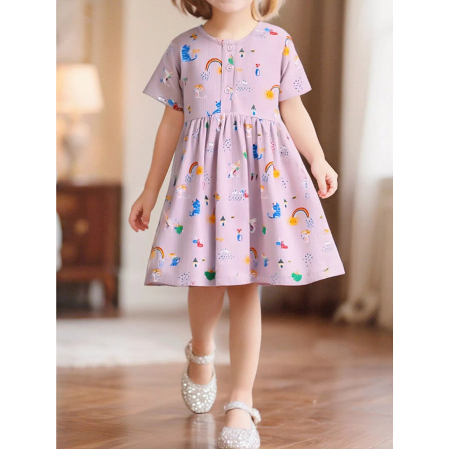 Children’s Cartoon Print Button Front Casual Dress Lavender / 2Y Apparel and Accessories