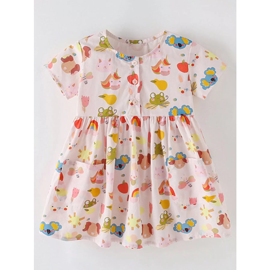 Children’s Cartoon Print Button-Front Dress with Pockets Apparel and Accessories