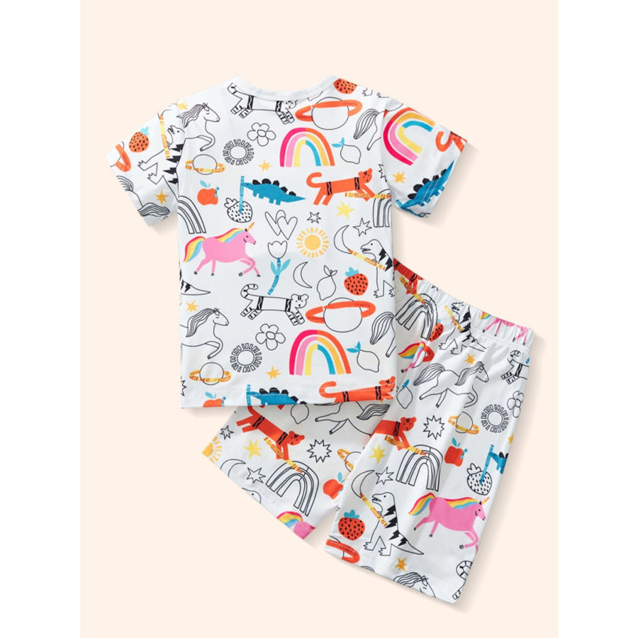 Children’s Cartoon Print Round Neck Tee and Shorts Set Apparel and Accessories