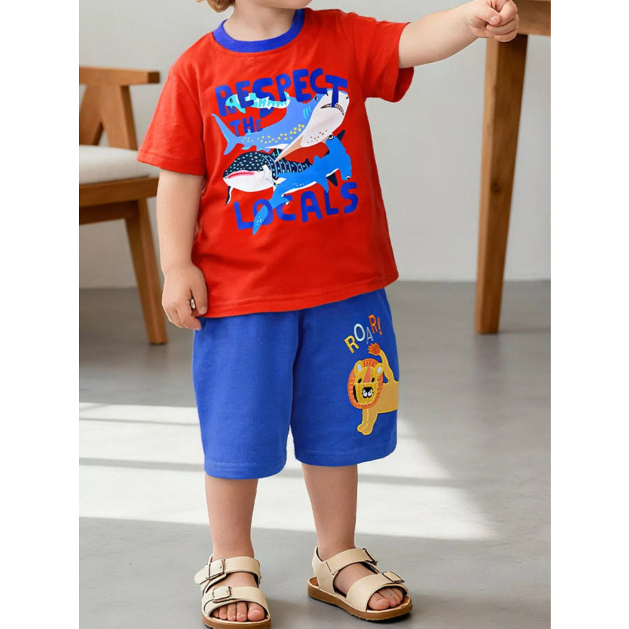 Children’s Cartoon Shark Print Crew Neck Short Sleeve T-Shirt Red / 2Y Apparel and Accessories