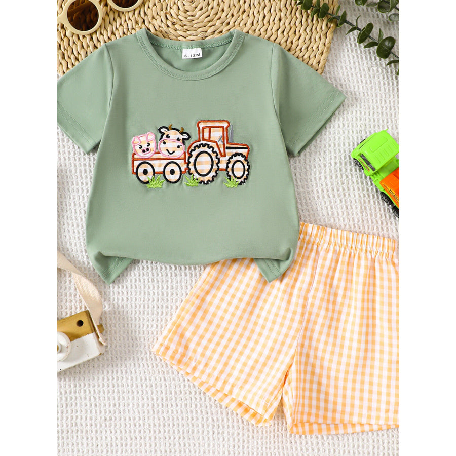 Children’s Cartoon Tractor Embroidered Tee and Shorts Set Light Green / 6-12M Apparel and Accessories