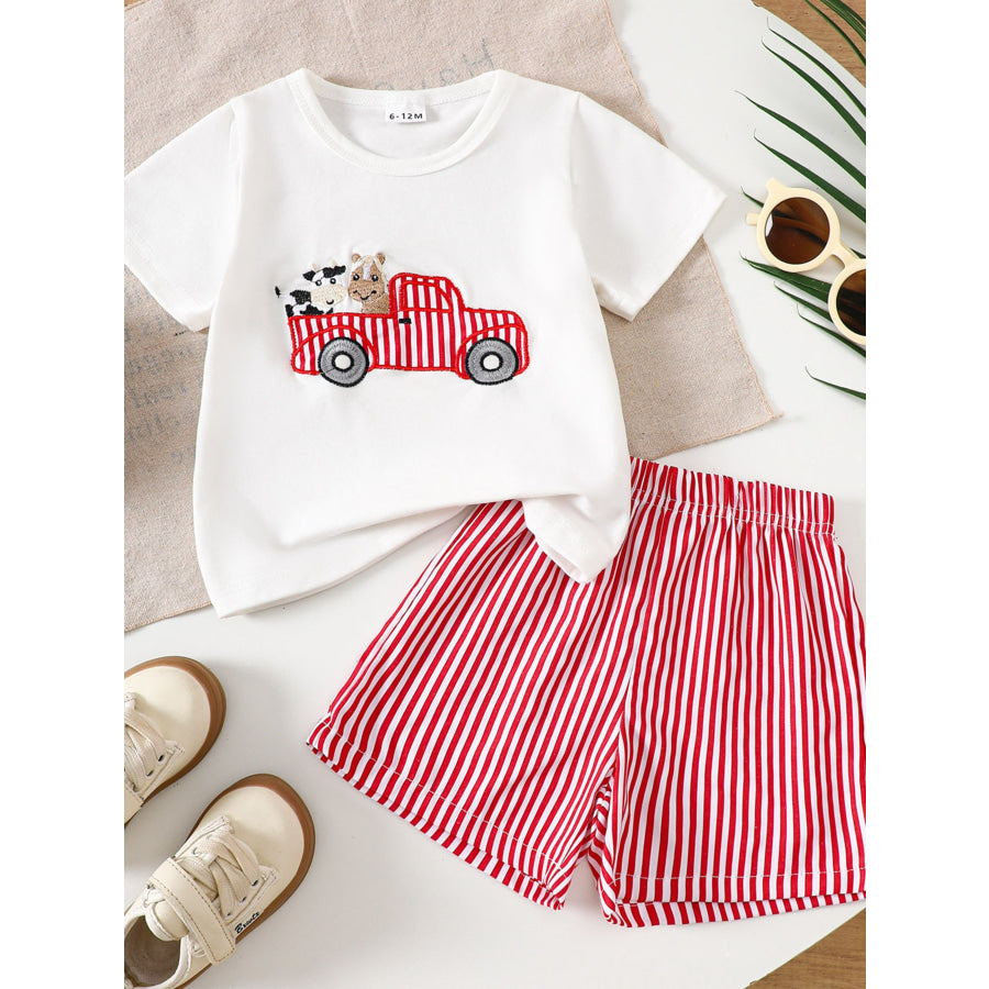 Children’s Cartoon Tractor Embroidered Tee and Shorts Set Red / 6-12M Apparel and Accessories