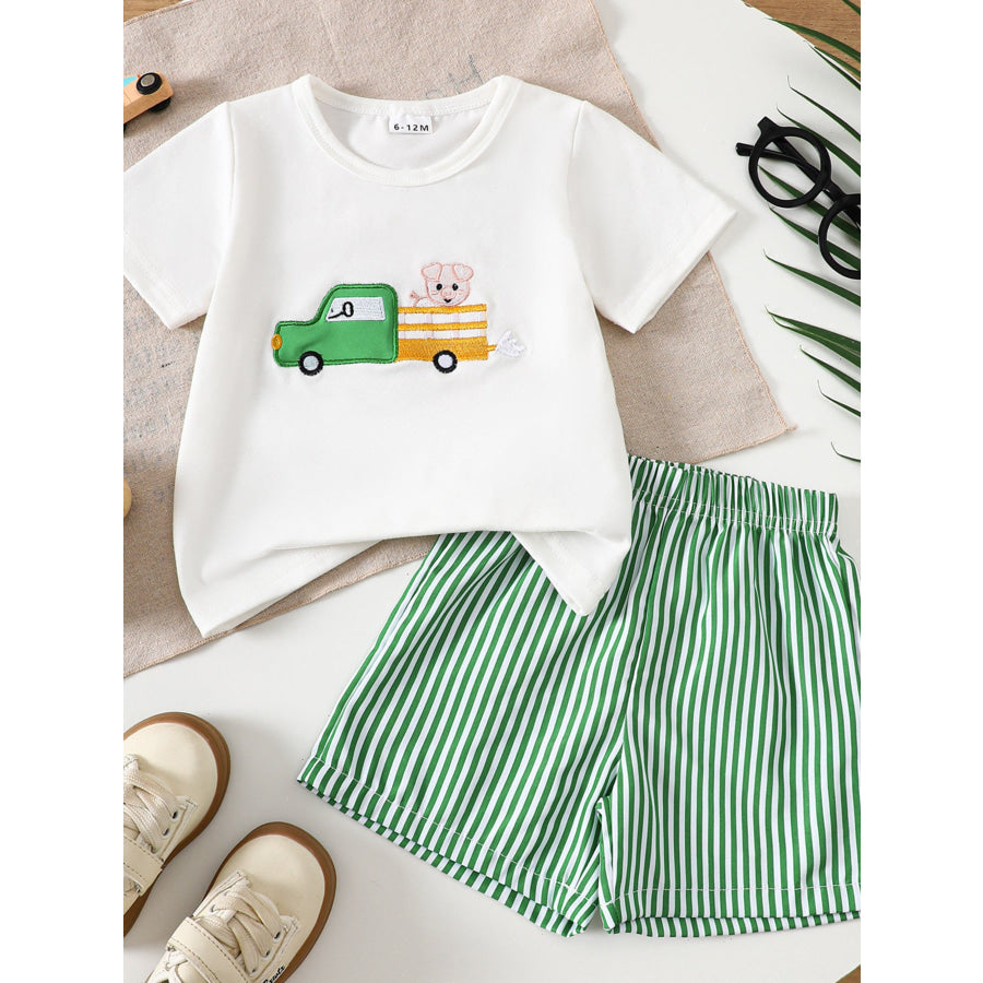 Children’s Cartoon Tractor Embroidered Tee and Shorts Set White / 6-12M Apparel and Accessories