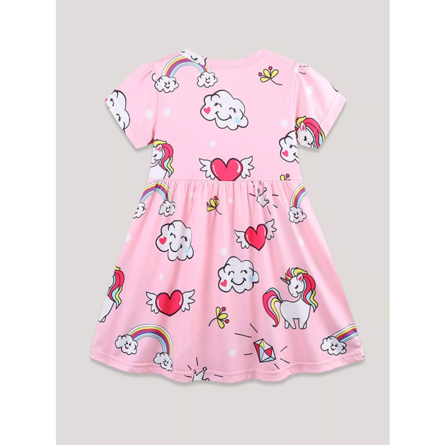 Children’s Cartoon Unicorn Print Short Sleeve Dress Apparel and Accessories