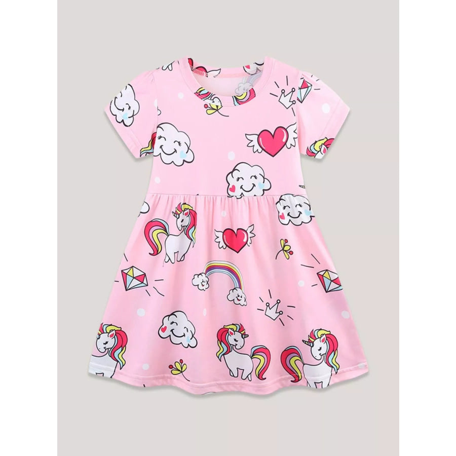 Children’s Cartoon Unicorn Print Short Sleeve Dress Pink / 3Y Apparel and Accessories