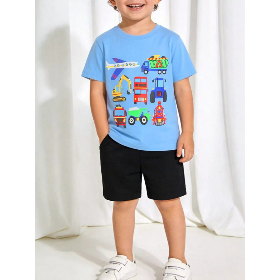 Children’s Cartoon Vehicle Crew Neck Short Sleeve T-Shirt Sky Blue / 2Y Apparel and Accessories