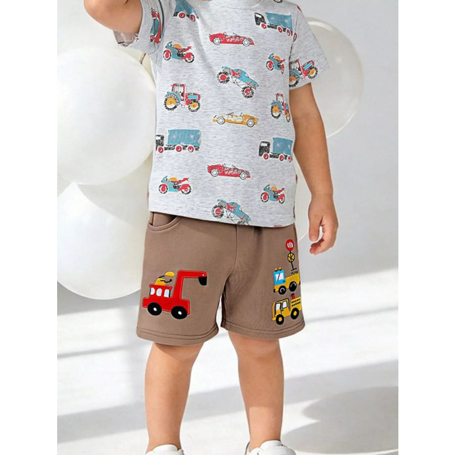 Children’s Cartoon Vehicle Embroidered Drawstring Shorts Taupe / 2Y Apparel and Accessories