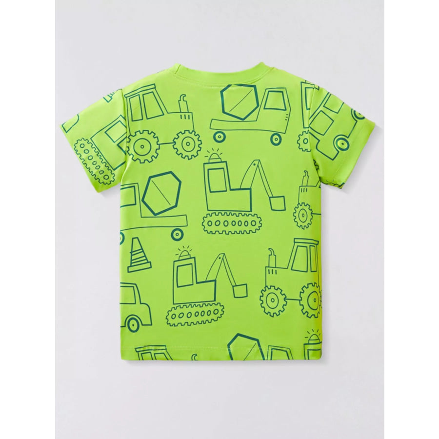 Children’s Cartoon Vehicle Print Crew Neck Short Sleeve T-Shirt Apparel and Accessories