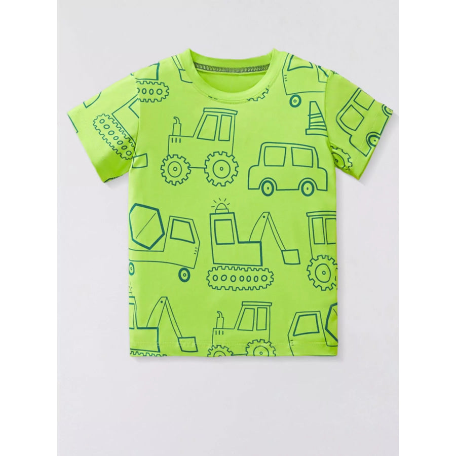 Children’s Cartoon Vehicle Print Crew Neck Short Sleeve T-Shirt Gum Leaf / 4Y Apparel and Accessories